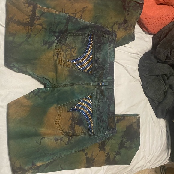 AUTHENTIC ROBINS JEANS Blue Tie Dye Acid Wash Gem Flap Jeans Size 42 LIKE NEW!! - Picture 9 of 9